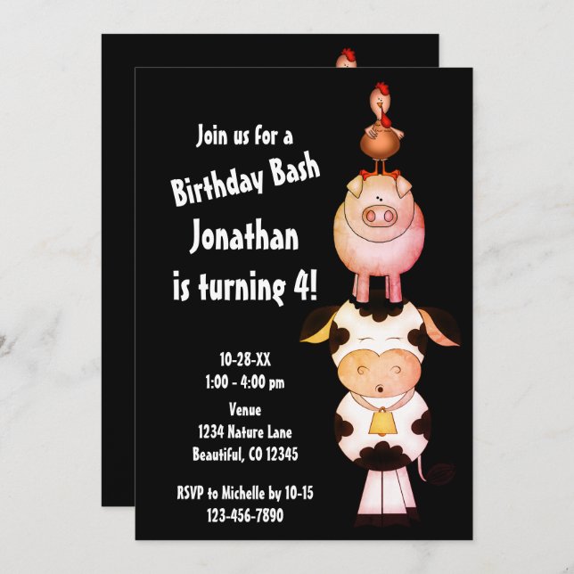 Cute Farm Animals Cow, Pig, Rooster Birthday Invitation (Front/Back)