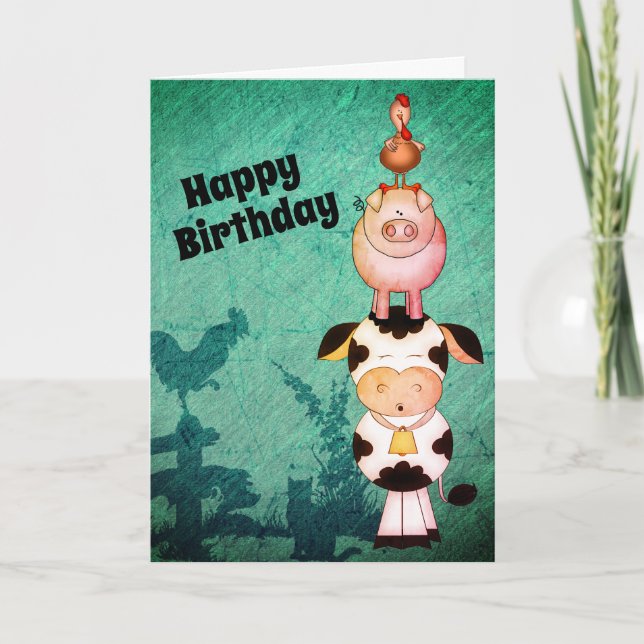 Cute Farm Animals Cow, Pigs and Roosters Birthday Card (Front)