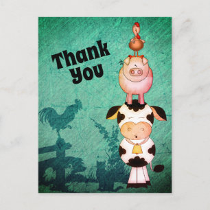 Cute Farm Animals Cow, Pigs and Roosters Thank You Postcard