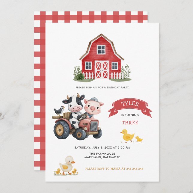 Cute Farm Animals Farmhouse Birthday Party Invitation (Front/Back)