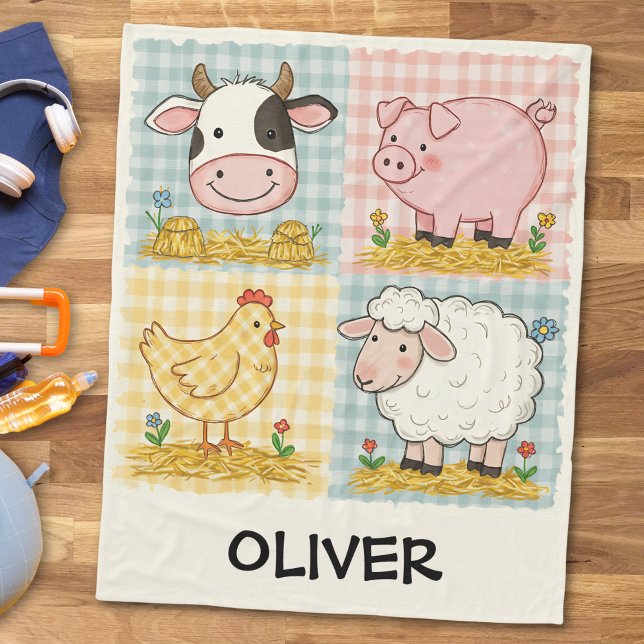 Cute Farm Animals Gingham Barnyard Fleece Blanket (Creator Uploaded)
