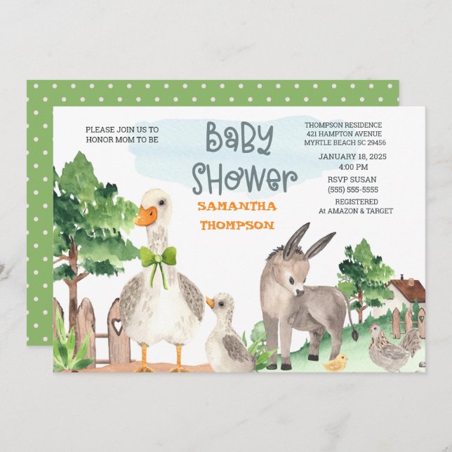 Cute Farm Animals Green Boys Baby Shower   Invitation (Front/Back)