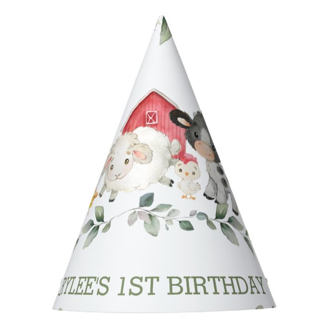 Cute Farm Animals Greenery 1st Birthday Boy Girl  Party Hat (Front)
