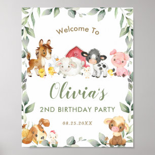 Cute Farm Animals Greenery Birthday Welcome Sign