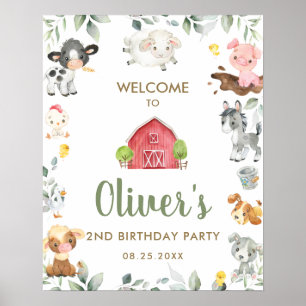 Cute Farm Animals Greenery Birthday Welcome Sign