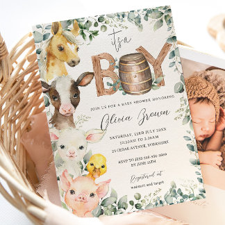 Cute Farm Animals Greenery Boy Barn Baby Shower  Invitation