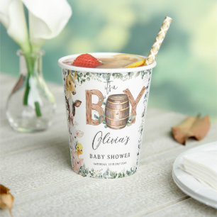 Cute Farm Animals Greenery Boy Barn Baby Shower Paper Cups