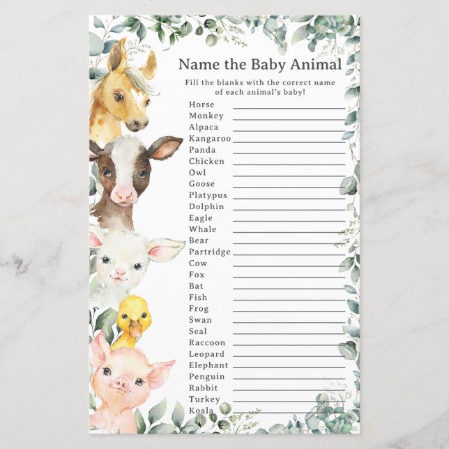 Cute Farm Animals Greenery Name Baby Animal Game (Front)