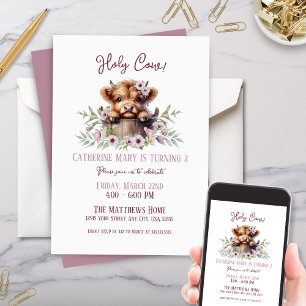 Cute Farm Animals Highland Cow Pink Girl Birthday Invitation