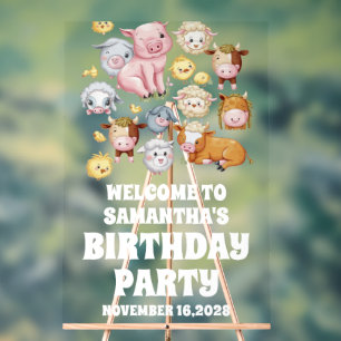 Cute Farm Animals Kids Birthday Party Welcome Acrylic Sign