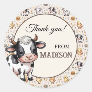 Cute Farm Animals Kids Name Birthday Thank You Classic Round Sticker