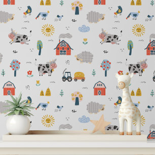 Cute Farm Animals Kids Pattern Wallpaper