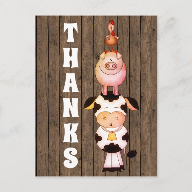 Cute Farm Animals on Barn Wood Thanks Thank You Postcard (Front)