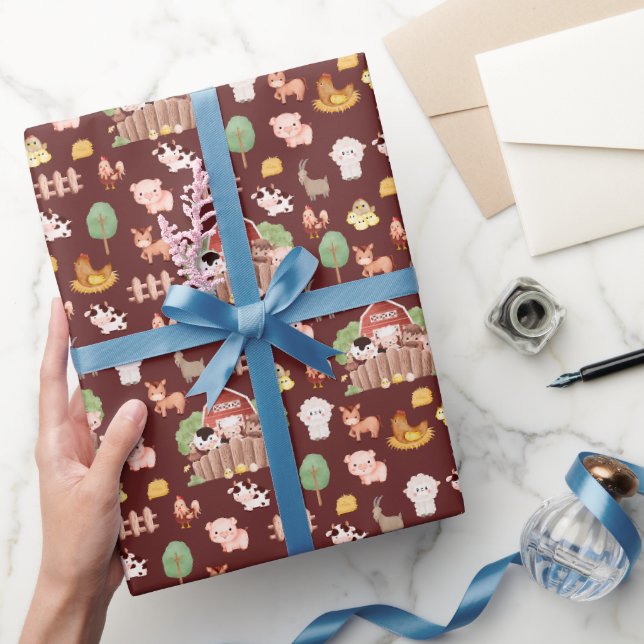 Cute Farm Animals on Brown Wrapping Paper (Gifting)