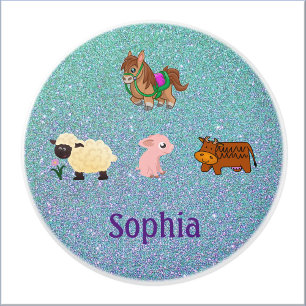 Cute Farm Animals on Glitter Background Ceramic Knob