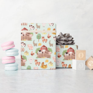 Cute Farm Animals on Pale Green Wrapping Paper