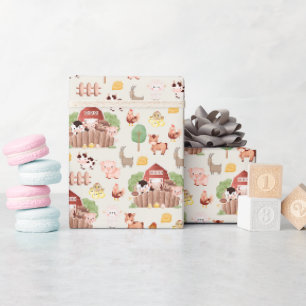 Cute Farm Animals on Pale Yellow Wrapping Paper