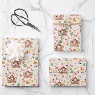 Cute Farm Animals on Pale Yellow Wrapping Paper Sheet