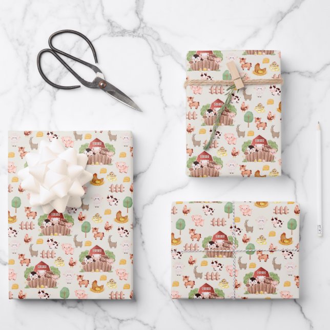 Cute Farm Animals on Pale Yellow Wrapping Paper Sheet (Front)