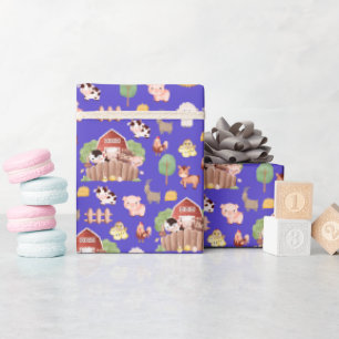 Cute Farm Animals on Royal Blue Wrapping Paper