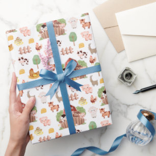 Cute Farm Animals on White Wrapping Paper