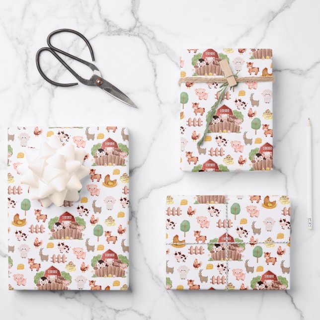 Cute Farm Animals on White Wrapping Paper Sheet (Front)