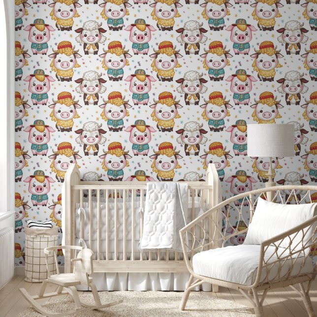 Cute Farm Animals Pattern Kids Nursery Room Wallpaper (Kids)