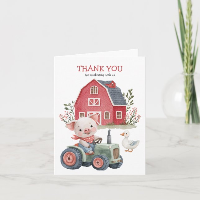 Cute Farm Animals Pig Barnyard Birthday Party Thank You Card (Front)