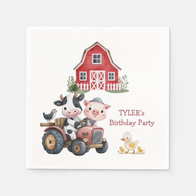 Cute Farm Animals Pig Cow Birthday Party Napkin (Front)