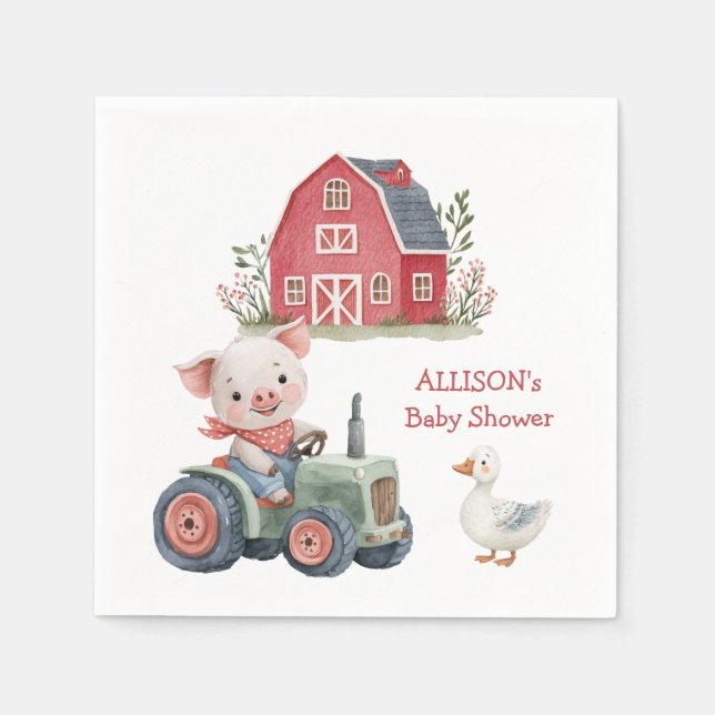 Cute Farm Animals Pig Tractor Baby Shower Napkin (Front)