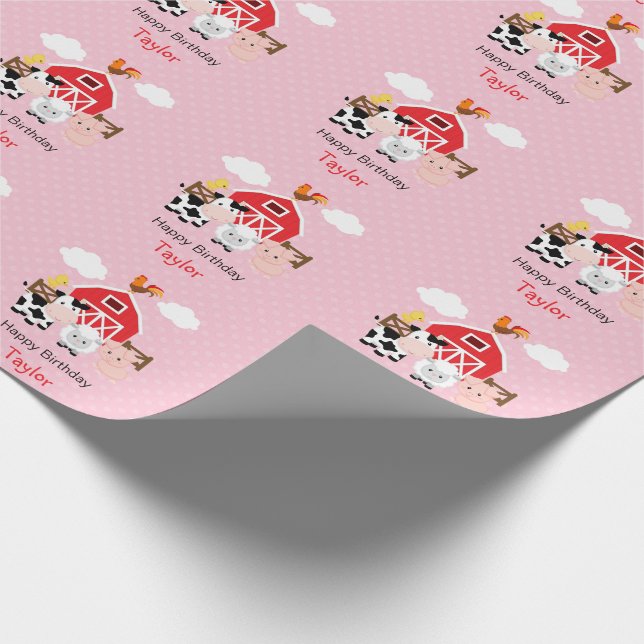Cute Farm Animals (Pink) Birthday Personalised Wrapping Paper (Corner)