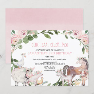 Cute farm animals pink floral girl birthday party invitation
