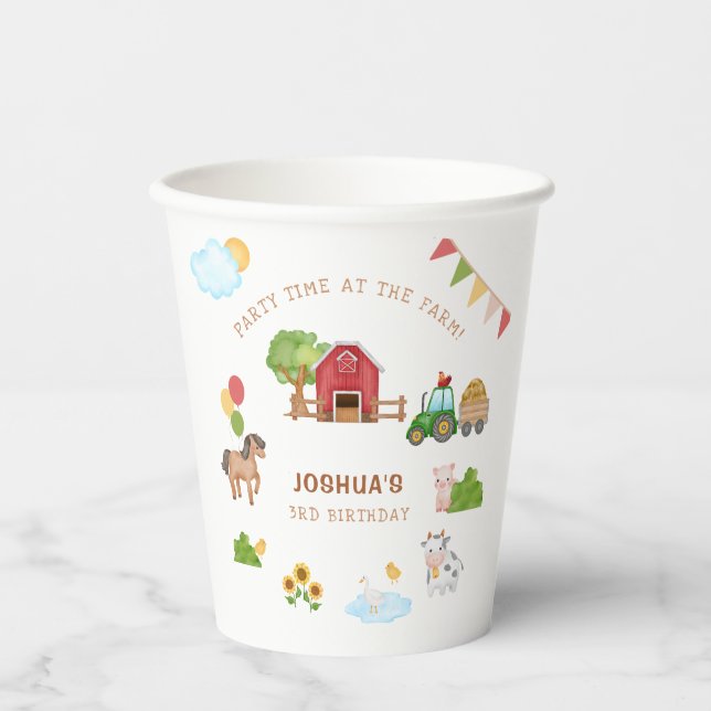 Cute Farm Animals Red Barn Tractor Birthday Party Paper Cups (Front)