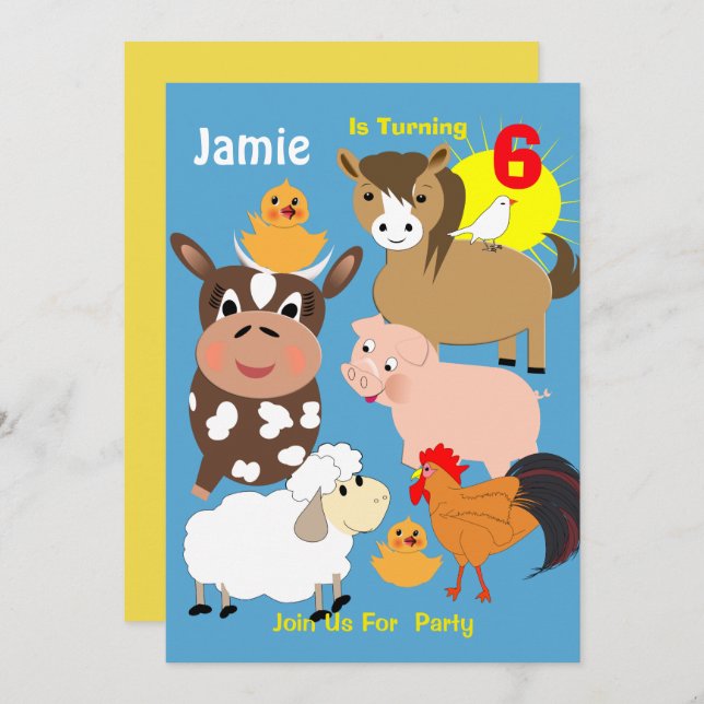 Cute Farm Animals Themed Kids Birthday Party Invitation (Front/Back)