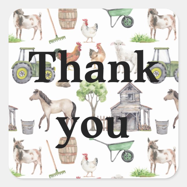 Cute Farm Animals Tractors Green Name Thank You Square Sticker (Front)