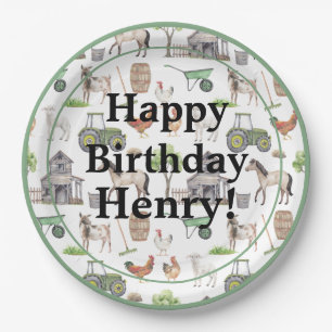 Cute Farm Animals Tractors Name Happy Birthday Boy Paper Plate