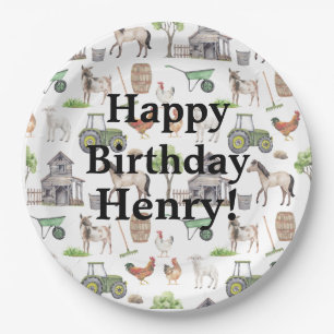 Cute Farm Animals Tractors Name Happy Birthday Boy Paper Plate