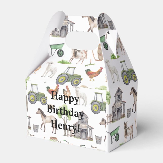 Cute Farm Animals Tractors Name Happy Favour Box (Front Side)