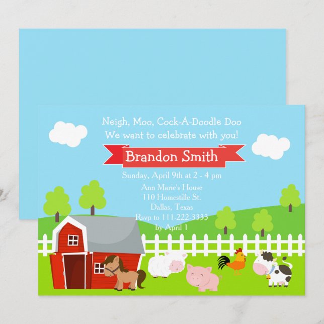 Cute Farm Animals Unisex Birthday Party Invitation (Front/Back)