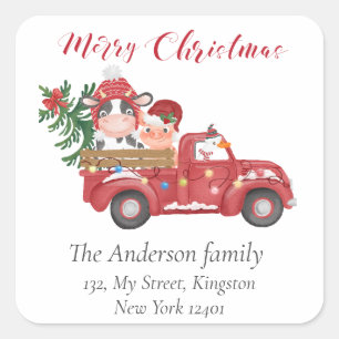 Cute Farm Animas Christmas Red truck, holly berry Square Sticker