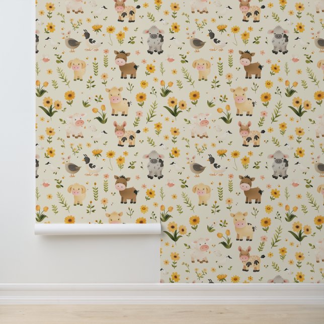 Cute Farm Baby Animals with Boho Florals #1 Wallpaper (Application)