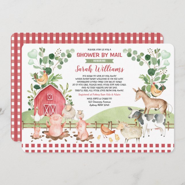 Cute Farm Barnyard Animals Baby Shower By Mail Invitation (Front/Back)