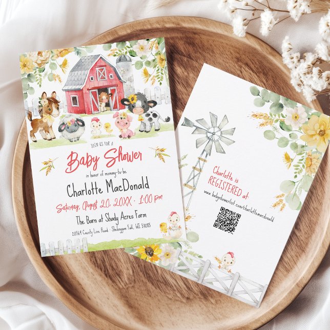 Cute Farm Barnyard Animals Red Barn Baby Shower Invitation (Red Barn farm chick cow pig horse watercolor flowers barnyard animals QR code baby shower invitation)