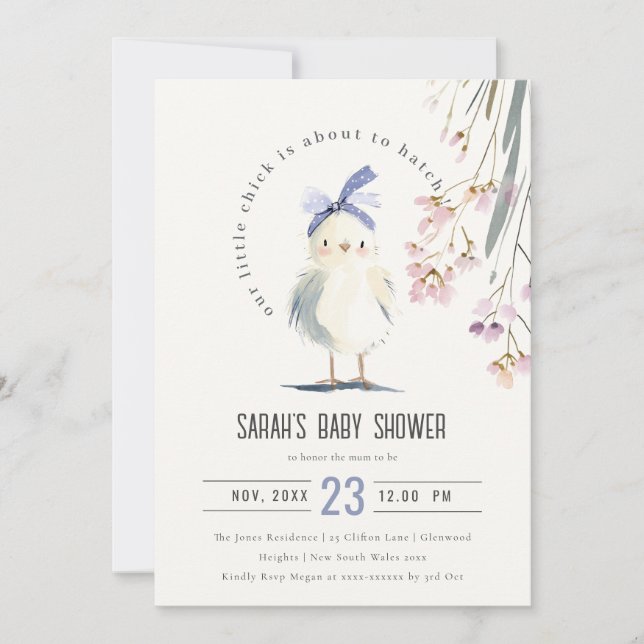 Cute Farm Chick Watercolor Floral Baby Shower Invitation (Front)