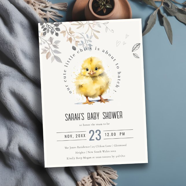 Cute Farm Chick Watercolor Floral Baby Shower Invitation (Creator Uploaded)