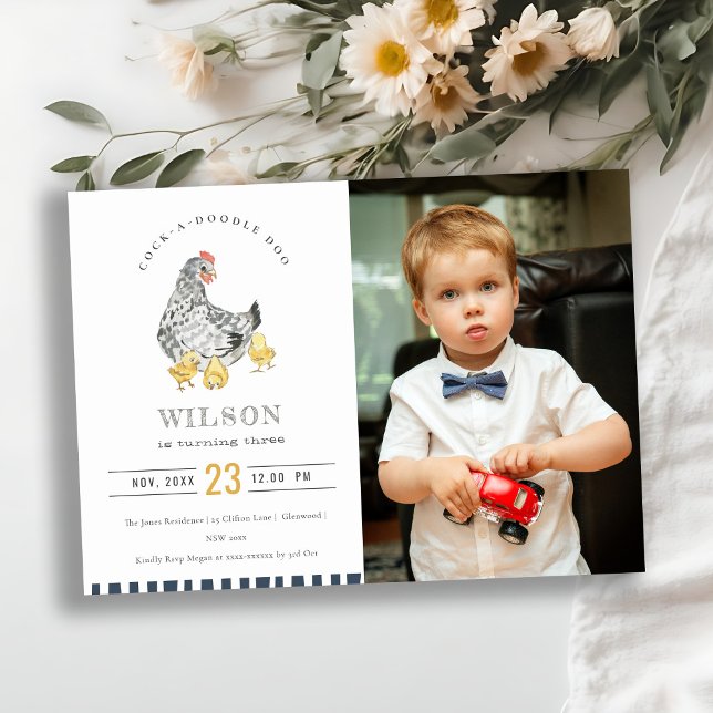 Cute Farm Chicken Watercolor Photo Birthday Invite (Creator Uploaded)