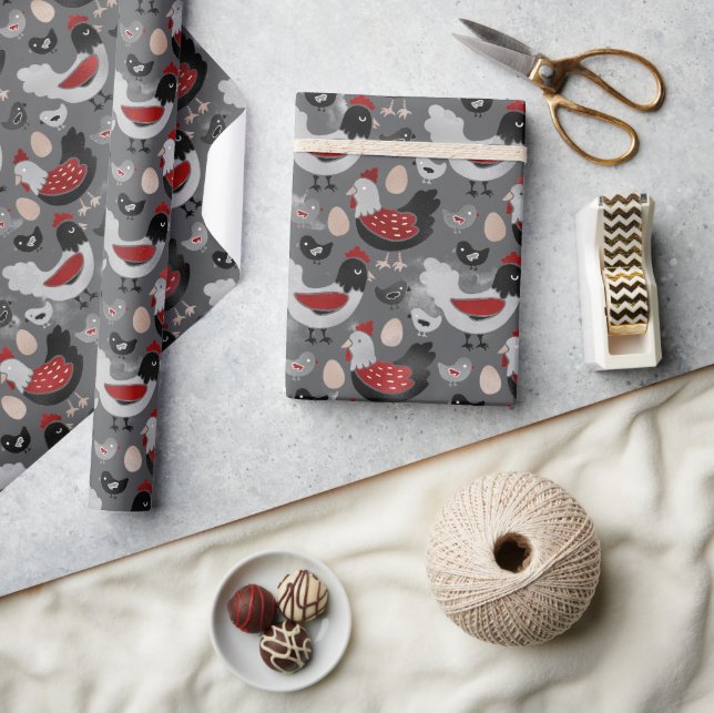 Cute Farm Chickens Grey & Red Modern Rustic Wrapping Paper (Crafts)