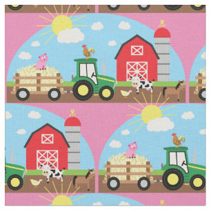 Cute Farm Kids Tractor Animals Pink Girls Fabric