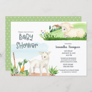 Cute Farm Lamb Green Boys Baby Shower Invitation