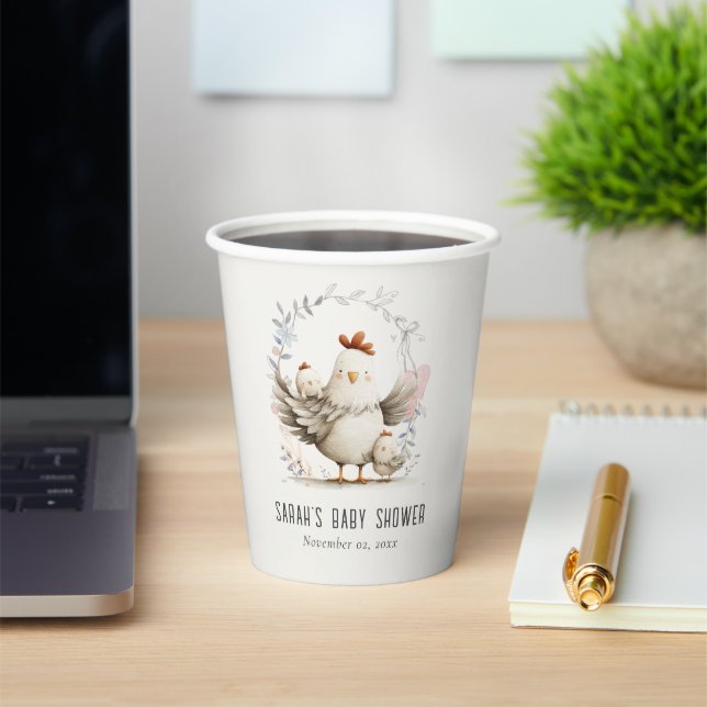 Cute Farm Mum and Baby Chick Floral Baby Shower Paper Cups (Insitu)